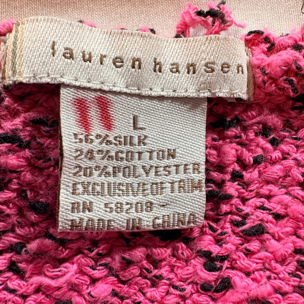 Lauren Hansen Silk Blend Boucle Knit Jacket Womens Large Pink‎ Fringe Zip Up - Picture 3 of 7